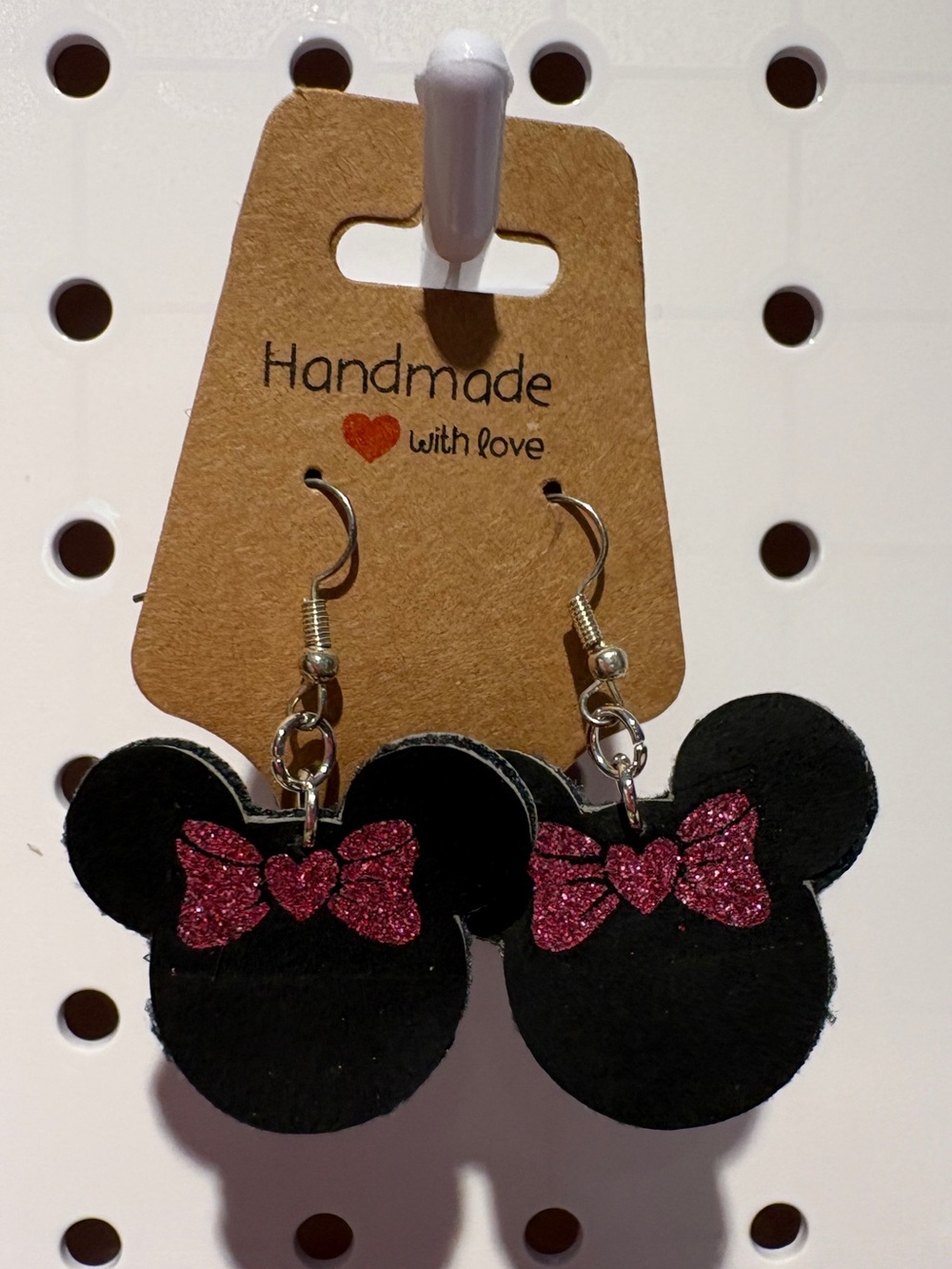 (2/$30) Handmade Kids Black Suede Minnie-Style Earrings with Pink Glitter Bow